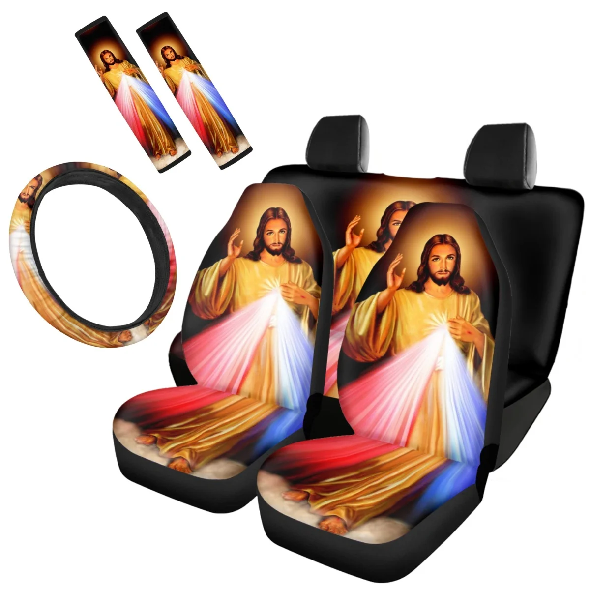 Jesus 3D Design Car Full Set Interior for Women Men Machine Washable Breathable Steering Wheel Cover Seat Belt Sets Covers 2023