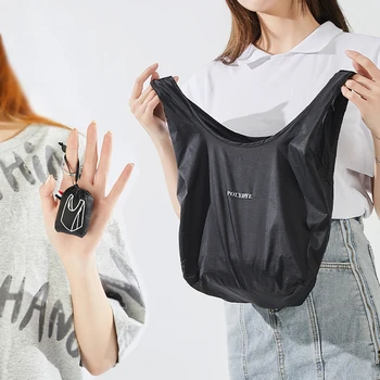 กระเป๋าผ้าไนลอนโพลีบายพับเก็บได้กระเป๋าช้อปปิ้งขนาดเล็กใช้ซ้ำได้กระเป๋าถือสีพื้นแบบพรีเมียม