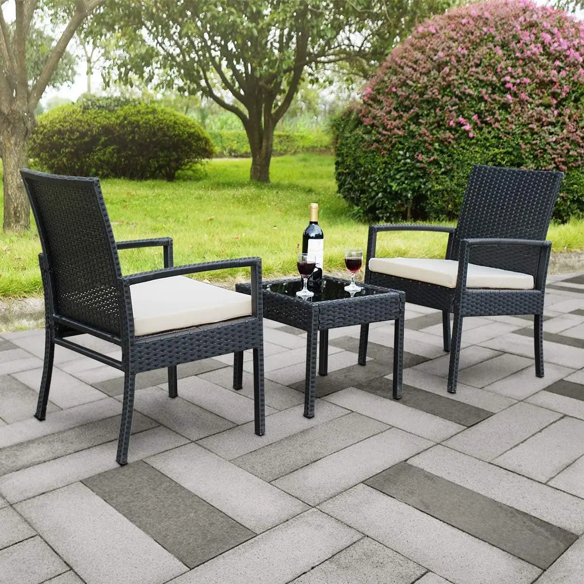 

3 Piece Conversation Wicker Rattan Outdoor Patio Furniture Set with 2 Cushioned Chairs & End Table, Black