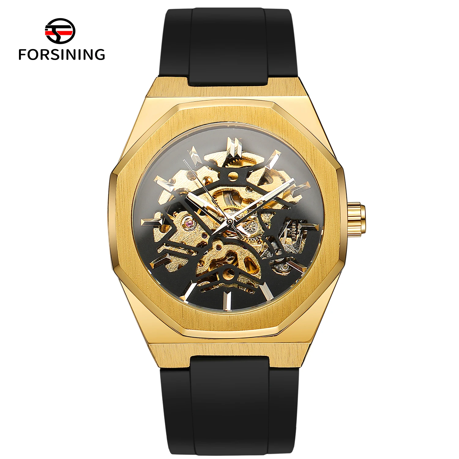 

Мужские автоматические механические часы FORSINING Sport с полигональным корпусом, скелетонизированные, светящиеся, водонепроницаемые, с силиконовым ремешком, модные часы
