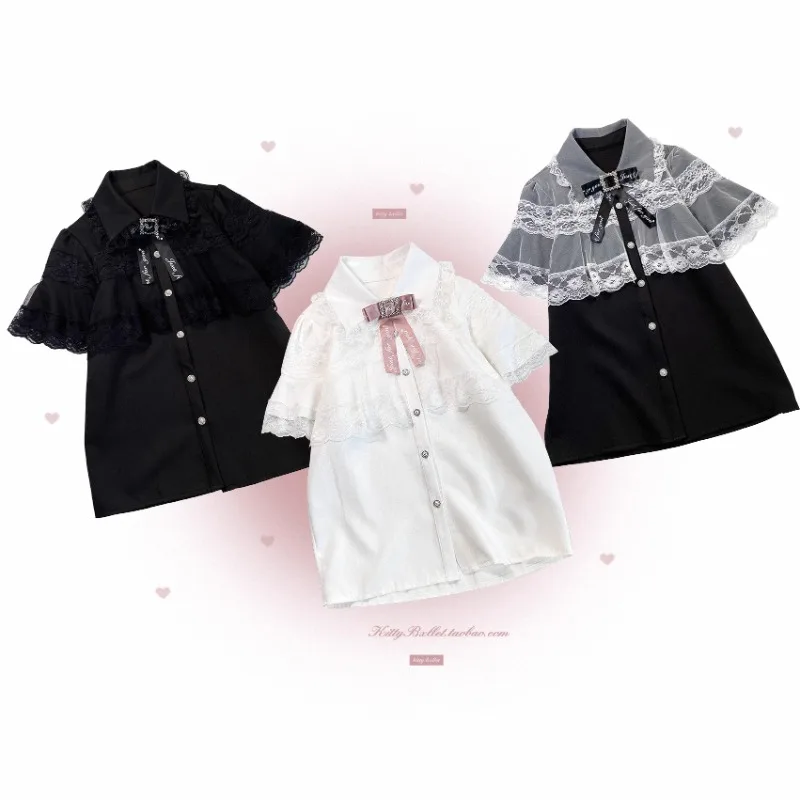 Japanese Original Rojita Single-breasted Shirt Mine Series Mass-produced Solid Color Lace Bucket Short-sleeved Blusas De Mujer