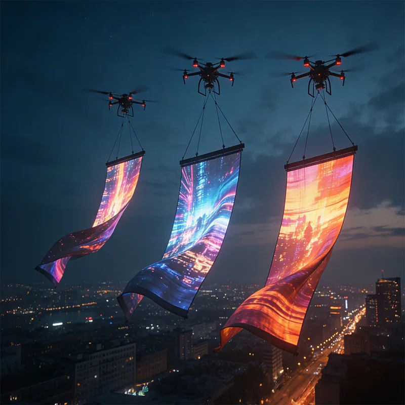 Customized Flexible Transparent Display Screen, LED Flying Display for Outdoor Activity, Magic Video Display