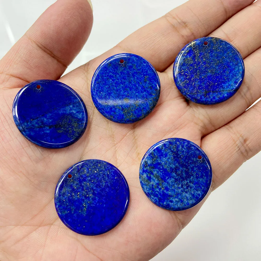Płaski okrągły wisiorek z kamienia 30mm kształt krystalicznej tarczy naturalny Lapis Lazuli wisiorek z amuletem do tworzenia biżuterii kolczyki naszyjnik DIY