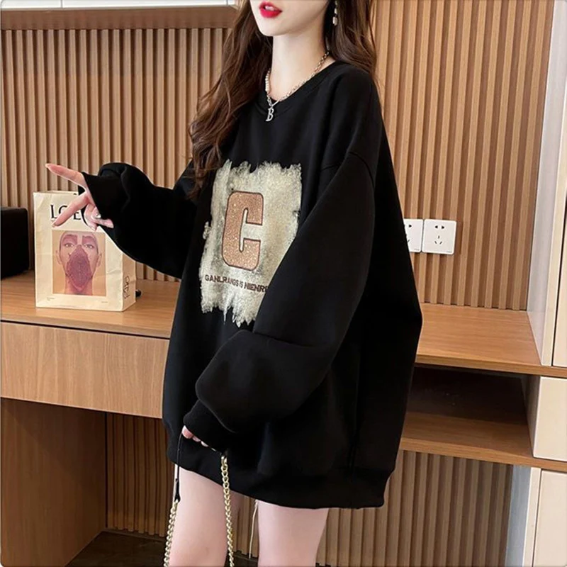 Pure Cotton Non Pilling Heavyweight Winter Hoodies for Women New Spring Autumn High-end Temperament Loose Casual Round Neck Tops