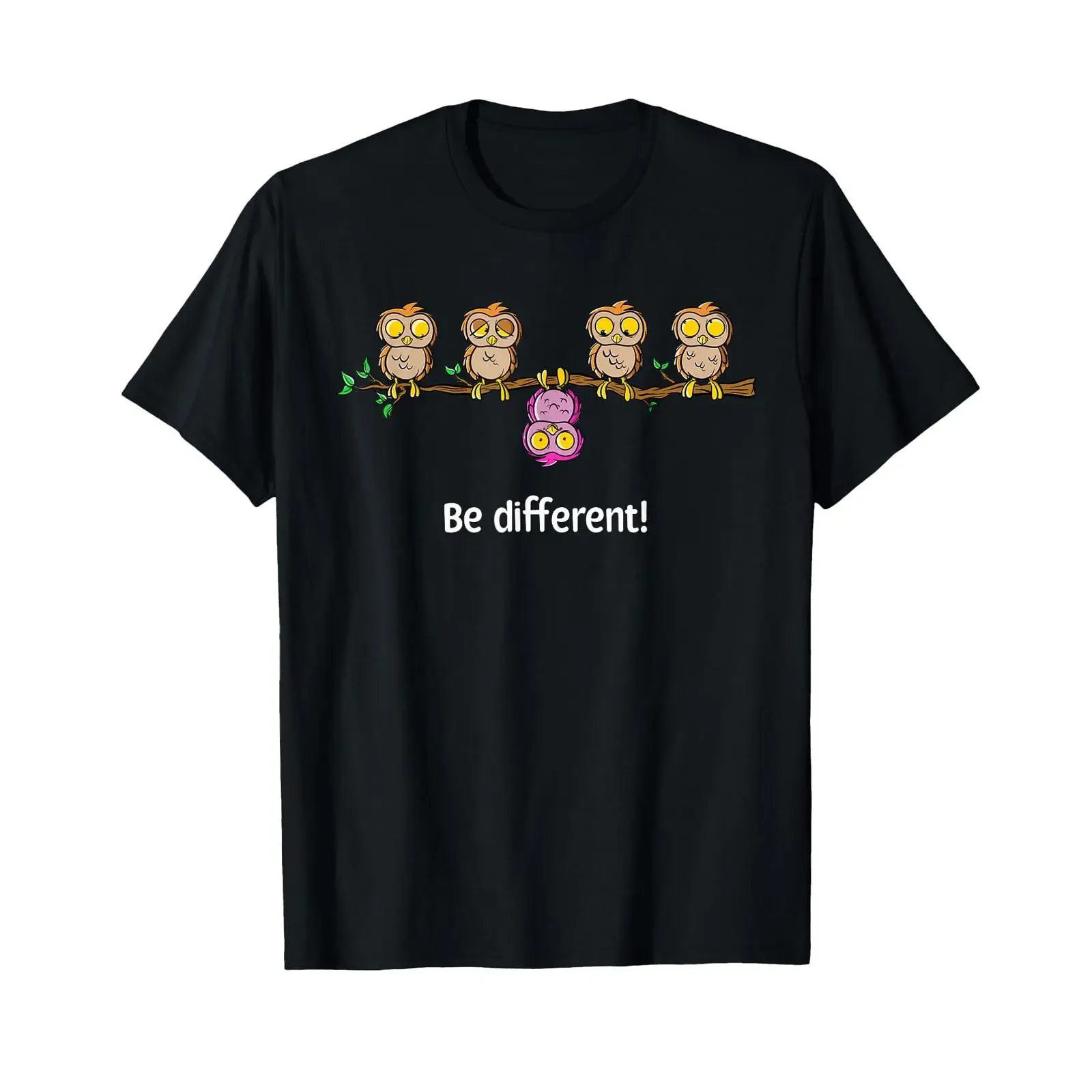Be Different Cute Owls Fun Bird Owl Animals Slogan T Shirt vintage Washed Top For Everyday Wear Slightly Versatile Comfortable