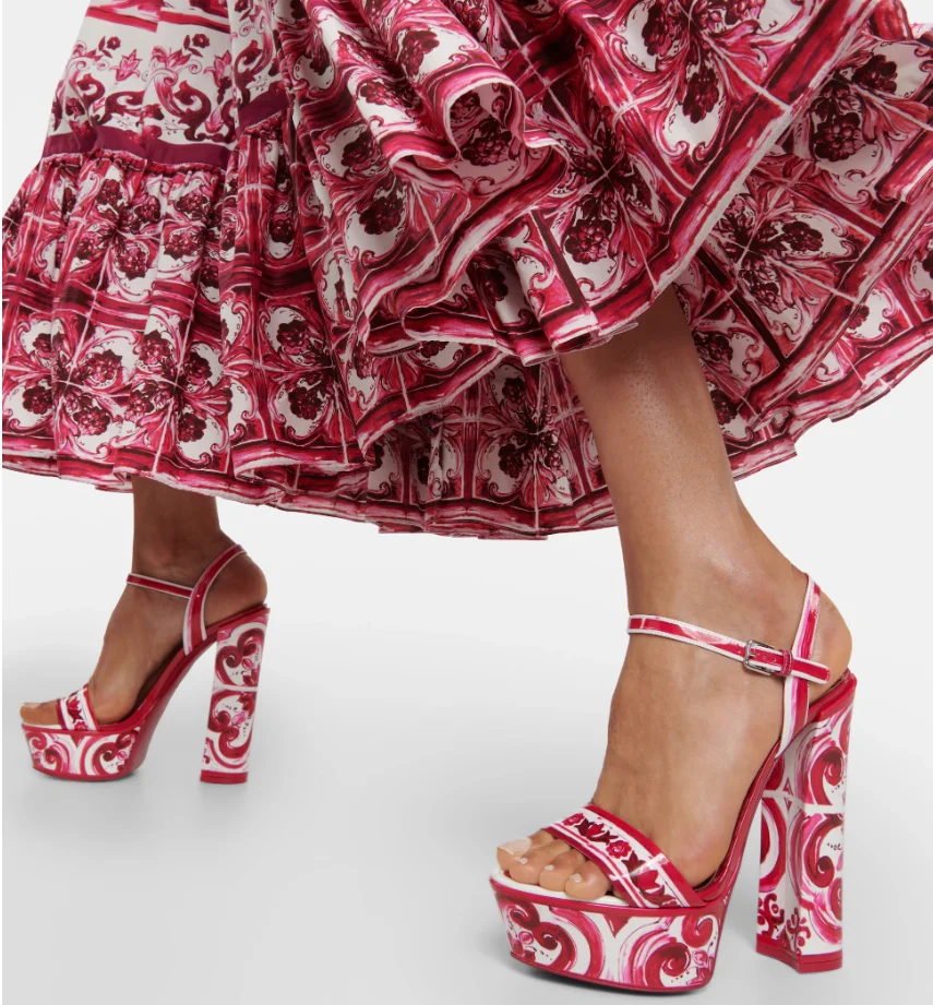 

Open Toe Printed Platform Sandals Designer Block High Heels Red Flower Pattern Hollow Ankle Buckle Sexy Summer Women Party Shoes