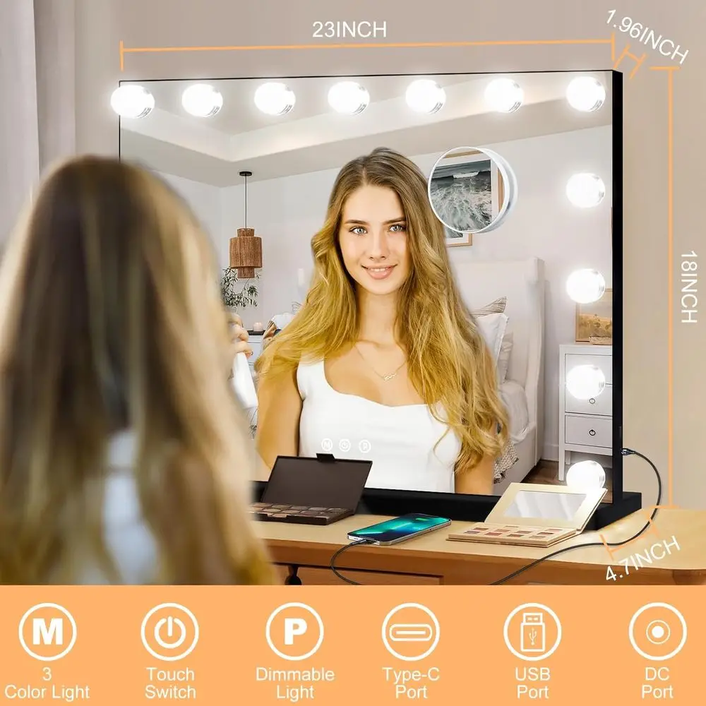 مرآة زينة مضيئة مع 15 لمبة LED، تكبير 10X، 3 أوضاع ألوان، إطار معدني، حامل على سطح الطاولة/الحائط، 23 × 18 #2