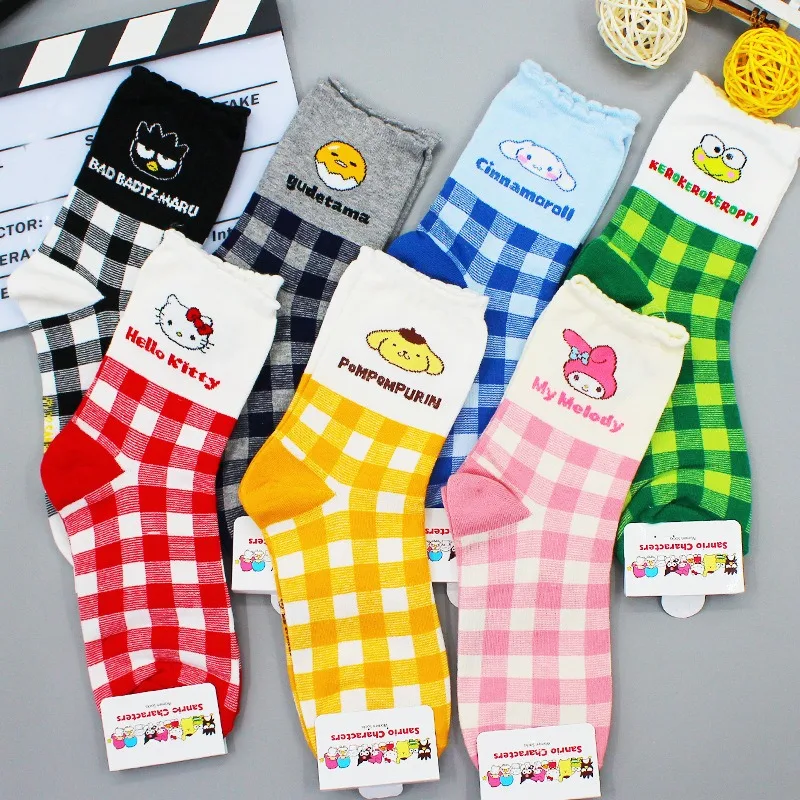 MINISO 1pairs Sanrio Cartoon Socks Ladies Hello kitty Combed Cotton Mid-tube Stockings Melody Cute Puppy Girls Stockings