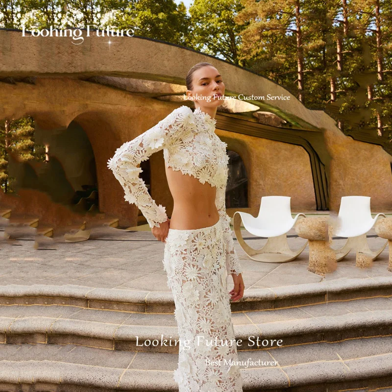 Vintage 2 pièces Style gaine dentelle robes de mariée simples manches longues col haut Appliques Sexy découpé dos nu robes de mariée