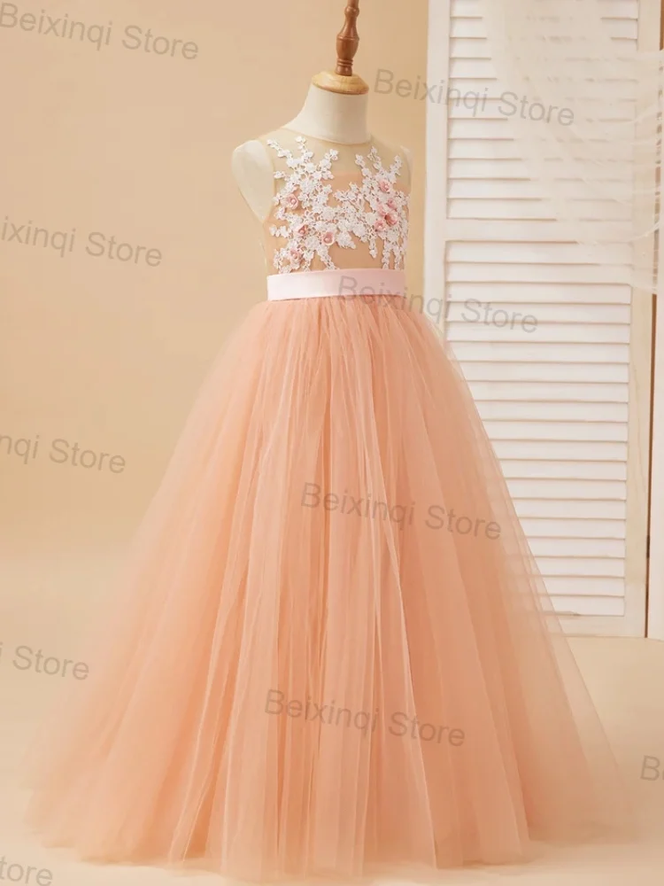 

Dresses For Birthday Party Girls Orange Tulle Appliques Blossoms Long Skirt New Product Princess Evening Dress Elegant Ball Gown