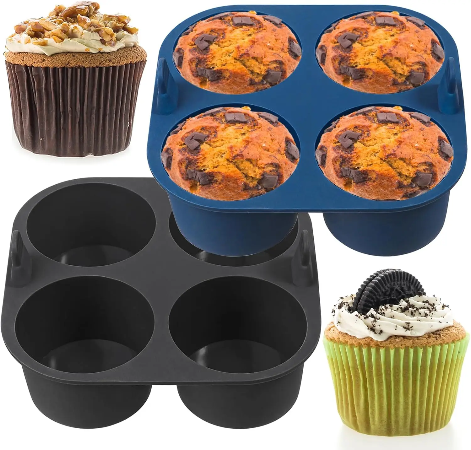 Webake - Juego de 2 Moldes de Silicona Jumbo para Hornear, Molde de Silicona para Huevos con 4 Cavidades, Moldes Antiadherentes para Muffins Libres de BPA