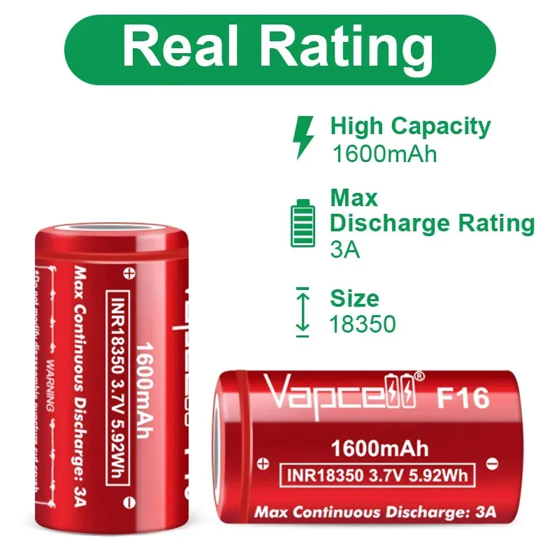 High-capacity Vapcell INR 18350 Battery 100% Original 1600mAh F16 3A 3.7V Rechargeable Lithium Ion Battery 18350 For Flashlight