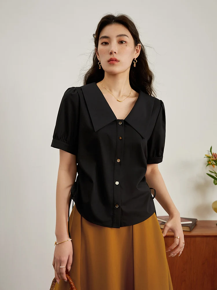 DUSHU Women Short Sleeve Solid Blouses Office Lady Summer Simple Turn-Down Collar Shirt Side Drawstring Design  Women Shirts