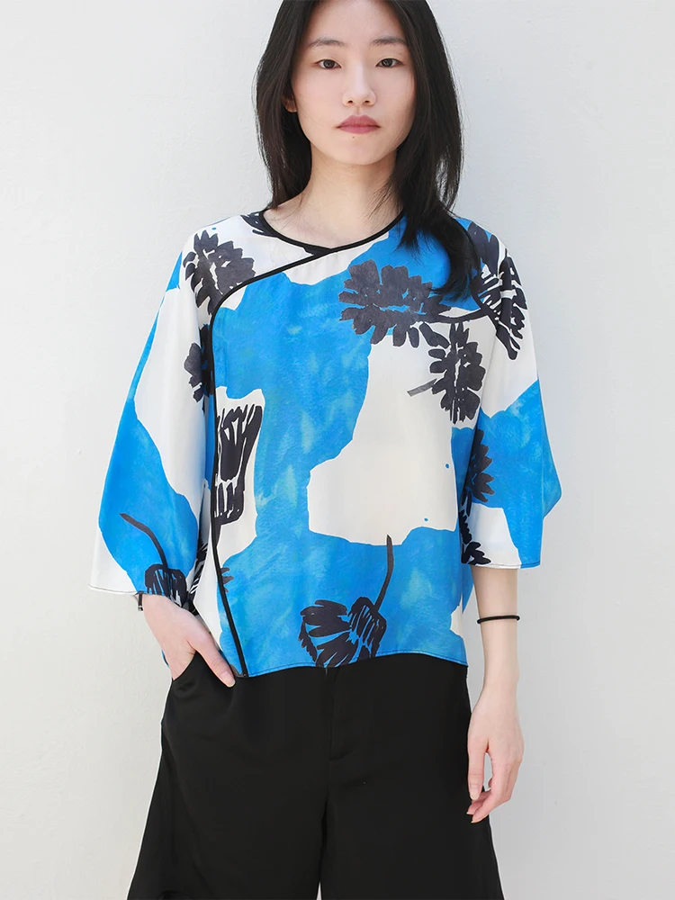 

New Chinese Sle round Ne Seven Sve Printed Silk 00% Women's irt Commute Faion Small Caplet Svel Top