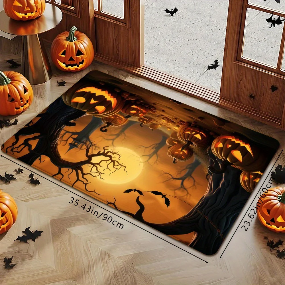 Halloween Pumpkin Lantern Moon Night Shaped Rug Dead Tree Bat Castle Print Non Slip Floor Mat Entryway Front Door Home Accent