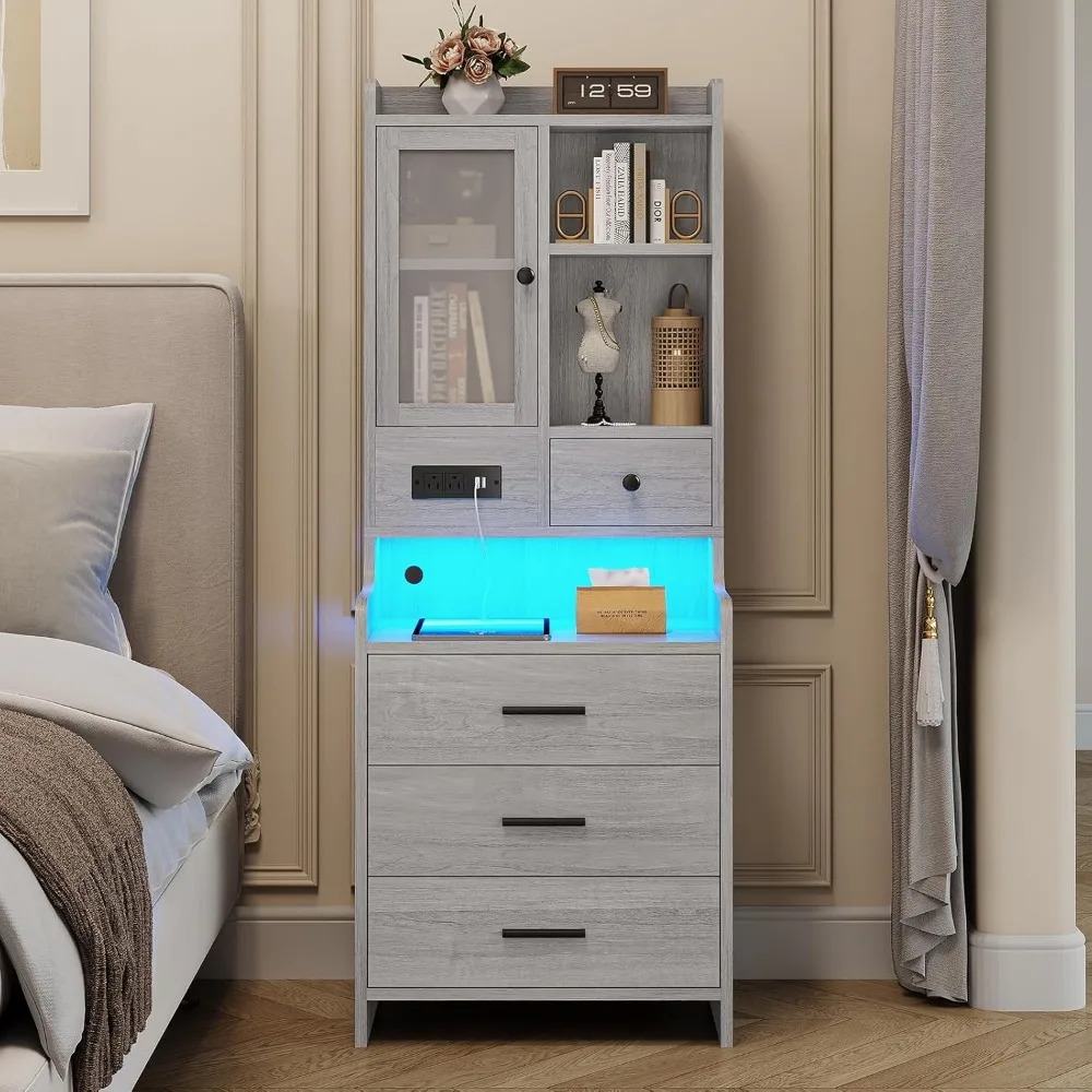 

Tall Nightstand with Charging Station, Grey Night Stand with Drawers & Shelves, LED Bedside Table with Glass Door, End Si