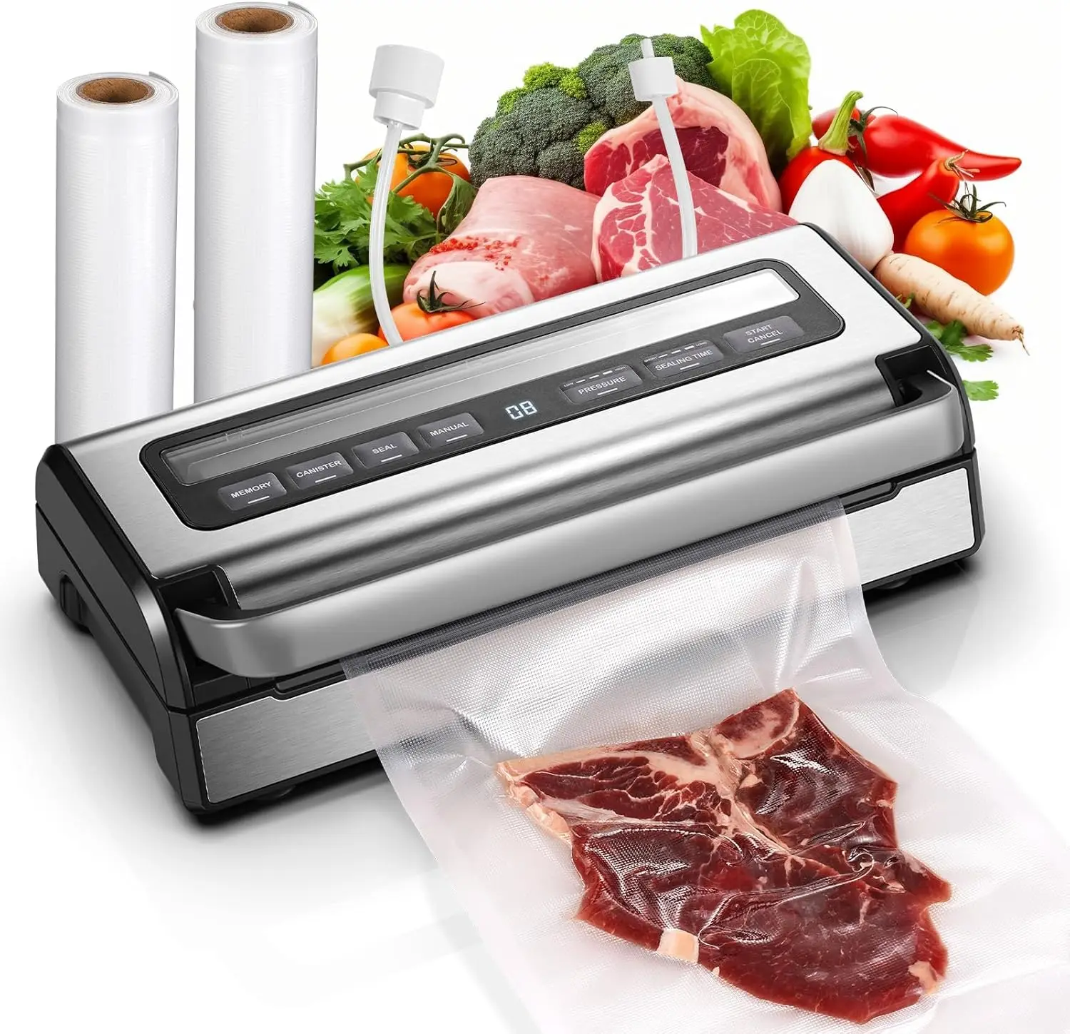 

95KPa Automatic Vacuum Sealer, 9-in-1 Food Sealer for Dry/Moist/Liquid, Double Heat Seal & Pump, Bag Rolls & Hose, Built-in