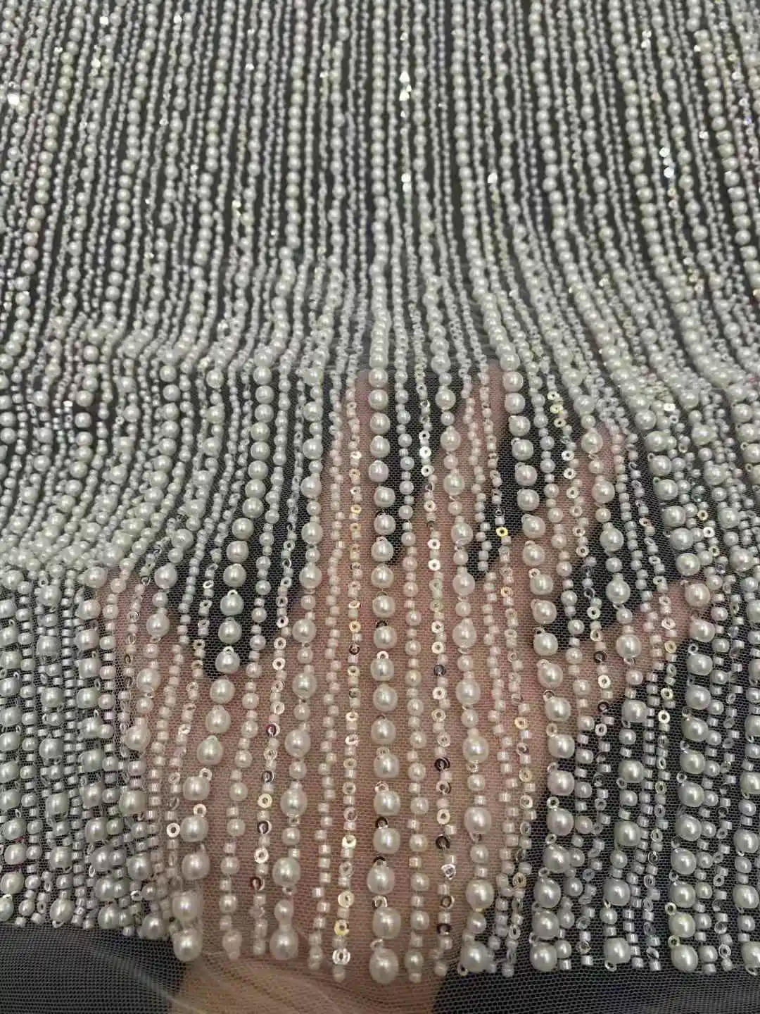 

Luxury Pearls Tulle Lace Fabrics 2025 Scalloped Design Beaded And Sequins Lace Material For Wedding Gowns Formal Dress Party