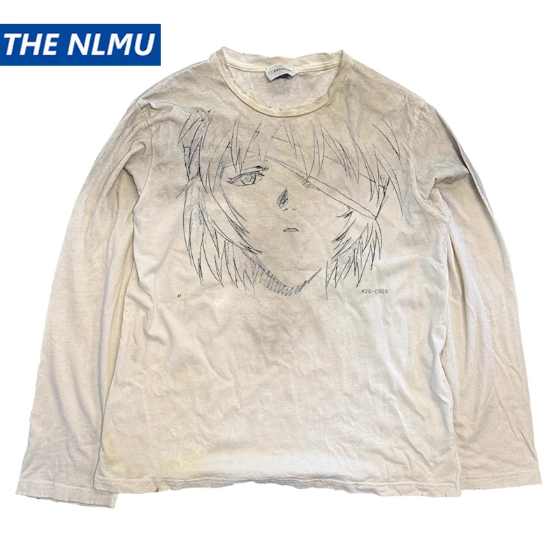 Vintage Long Sleeve T Shirts Cartoon Graphic Dirty Washed T-shirts Loose Casual Tee Tops Unisex Retro Tshirts Y2K