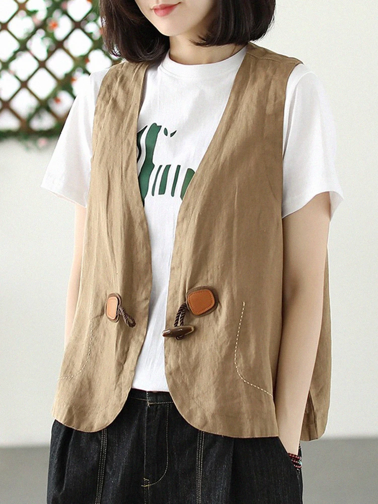 

Women's Linen Vest ort Svel Jaet Button Front V-Ne Casual Commute Sle Mixed Fabric Cotton Blend Cornerstone