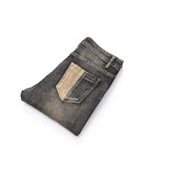 Jeans rasgado punk masculino, bordado nostálgico, patch de personalidade angustiada, calças de motocicleta, emenda, moda retrô