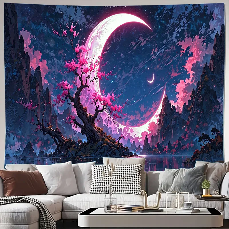 Fantasy Moon Sakura Tree Mountain Lake Night Sky Wall Tapestry Machine Washable All Season Print Dreamy Landscape Design Home
