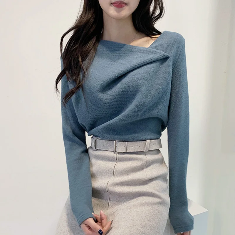 South korea Chic Autumn and Winter Elegant Haze Blue White Design Sense Oblique Collar Irregular Long sleeve Knit Sweater Women