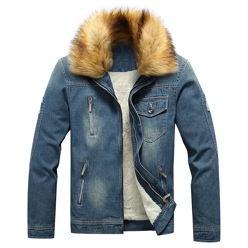 

Winter Men's Thicker Denim Jackets Fleece Lined Big Fur Collar Warm Jean Coat Washed Ripped Jacket Male