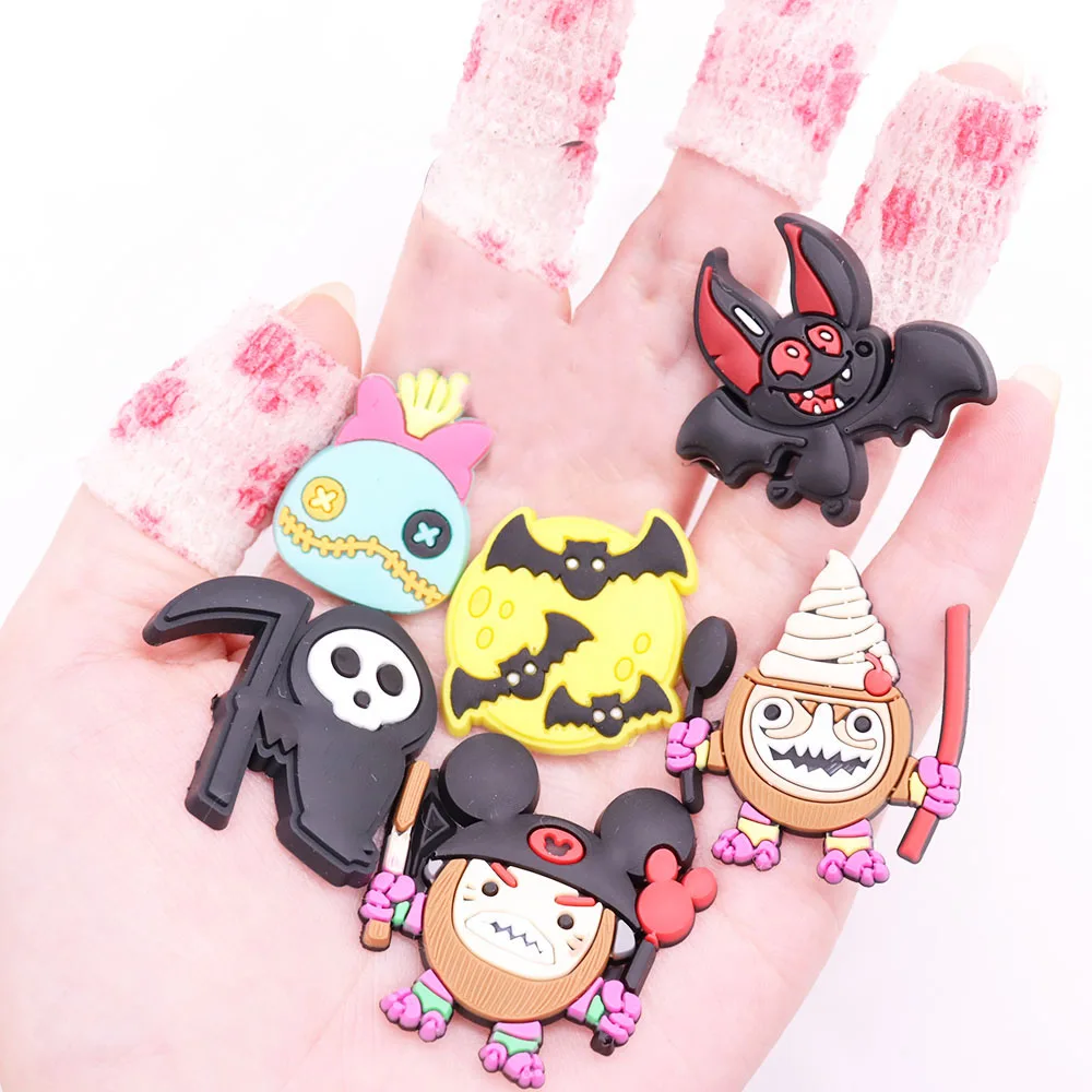 1-6Pcs PVC Stitch Bat Spider Skeleton Shoe Charms Decorations Pumpkin Slippers Designer Accessories DIY Halloweencute