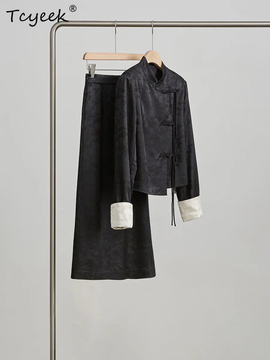 Tcyeek, 28 MM 100% Moerbei Zijde Nieuwe Chinese Set, Dames Jacquard Shirt Met Lange Mouwen, OL Vintage Rok, 2024 Herfst Nieuwe S48411QM