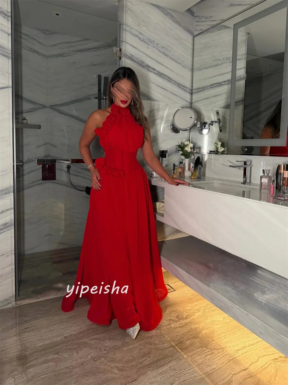 맞춤형 고품질 패션 수제 꽃 장식 A라인 하이 칼라 롱 드레스 맞춤형 행사 드레스 다양한 사이즈 가능