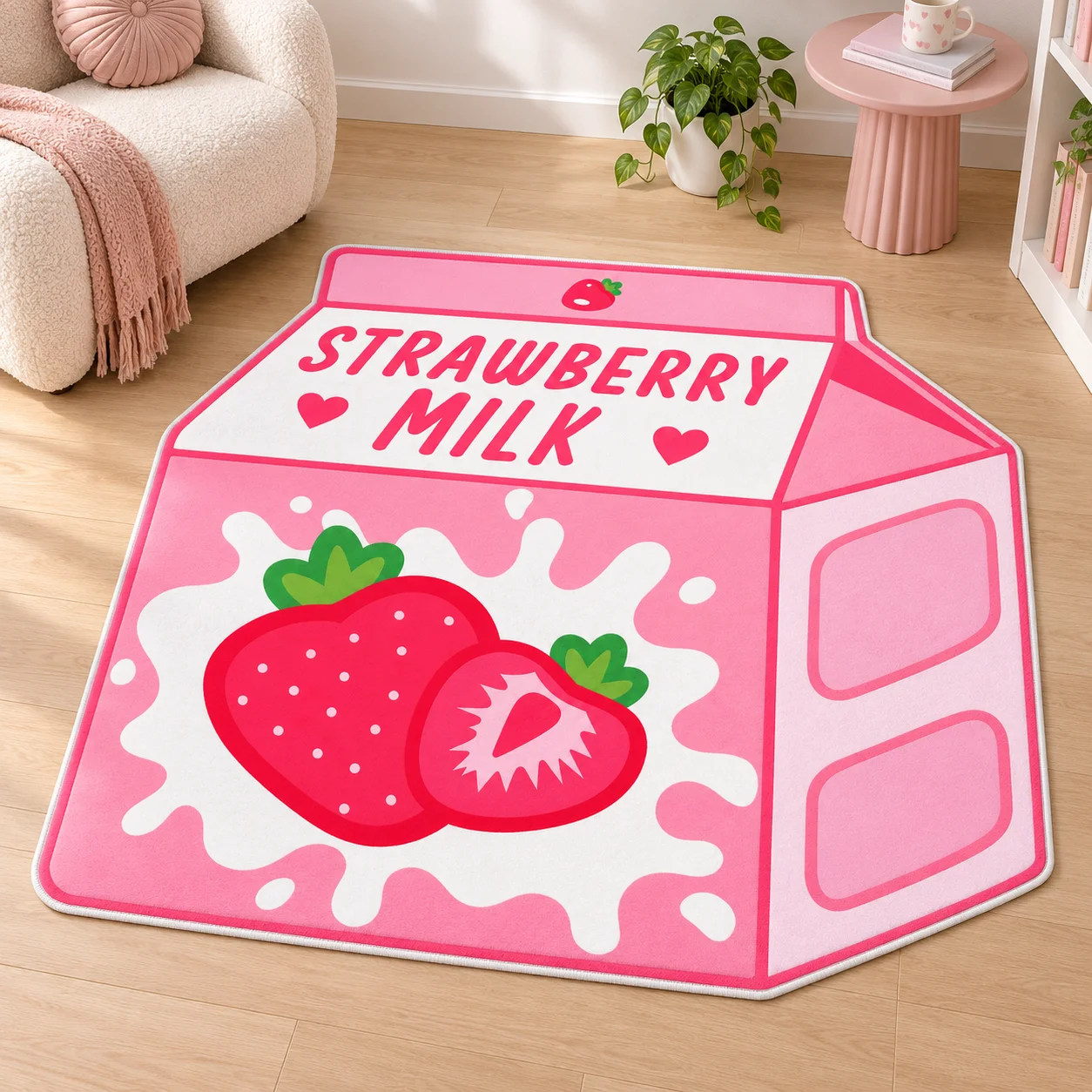 Pink Strawberry Milk Carton Shaped Area Rug, Flannel Floor Mat for Kitchen, Bedroom, Living Room, Entryway and Home Decor