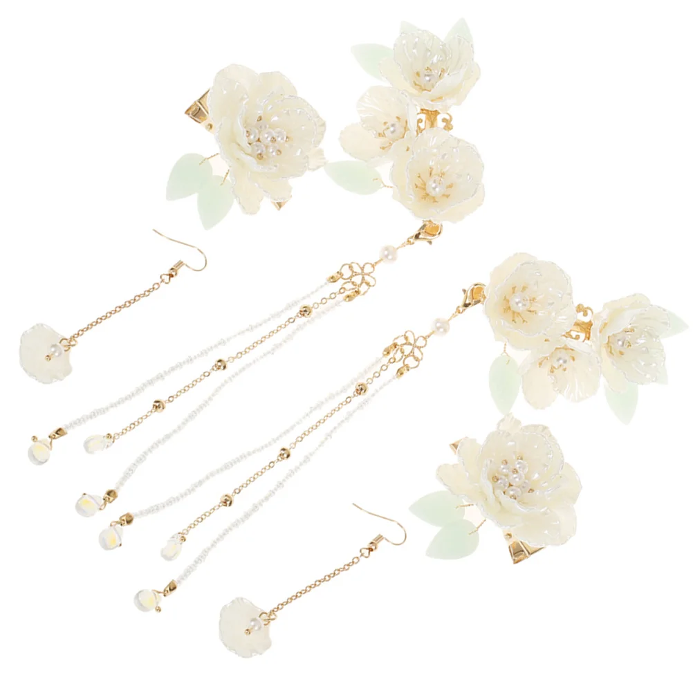 

1Set Hanfu Hair Accessories Flower Tassel Hair Clips Earrings Bridal Wedding Hairpins for Women Womens Earrings