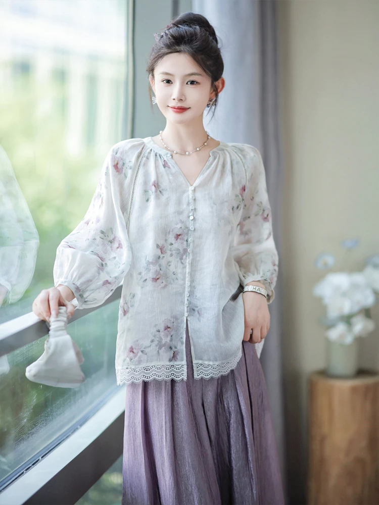 

Новинка: Женский топ Zhaodaxi из серии «Тайный сад» с V-образным вырезом и принтом, простой повседневный стиль, из льняно-шелковой смеси, летняя коллекция