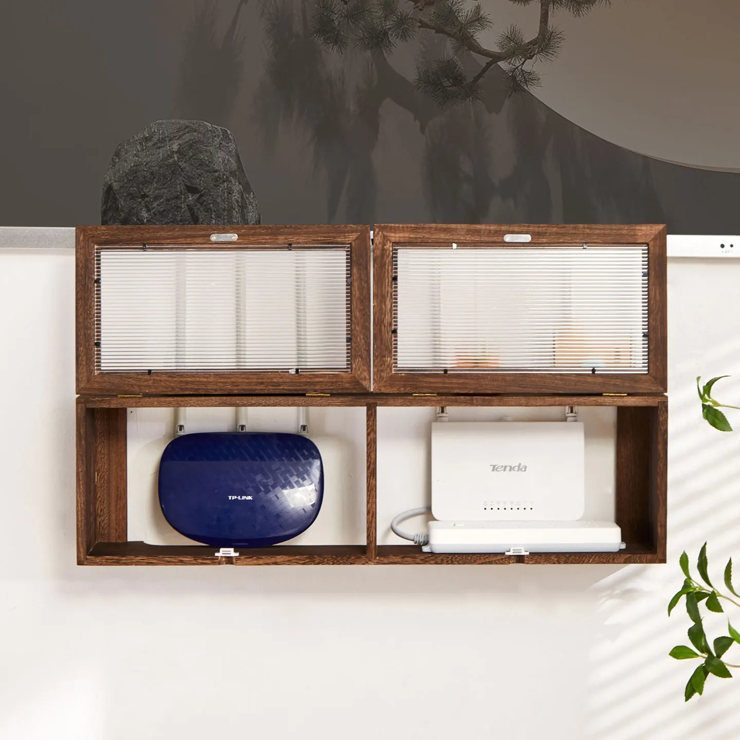 Premium Sturdy Solid Wood Wall-Mounted Router & Modem Storage Box with Cable Management, Concealment Organizer for WiFi, Socket