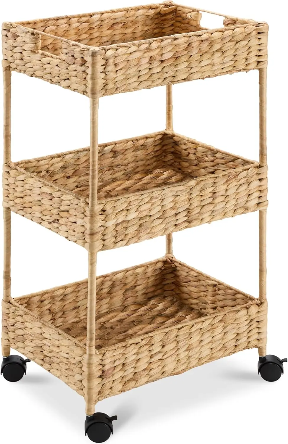 

3-Tier Rolling Storage Cart with Wheels, Natural Water Hyacinth Basket for Home Organization in Bathroom, Laundry, Craft Room
