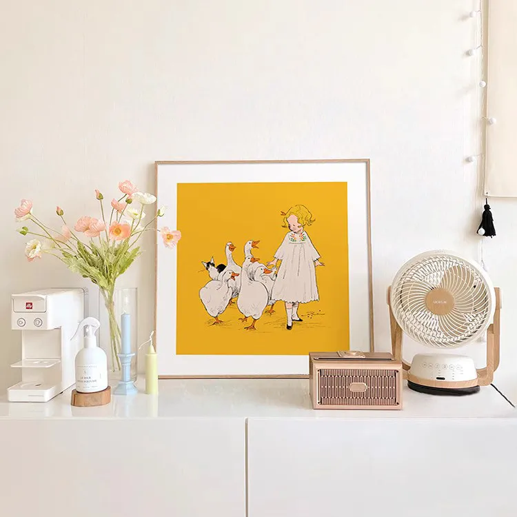 

Niche Art illustration Healing Style Kids Room Canvas Poster Cartoon Girl & Geese Painting for Children's Bedroom Wall Decor