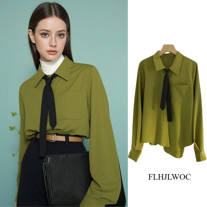 

Necktie Tops Blouses New Fashion Women Summer Short Sleeve Loose Work Office Lady Basics Button Boyfriend Design Green Shirts