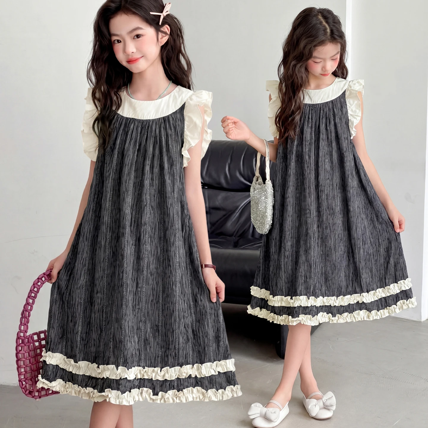

Young Girls Summer New Korean Style Pure Cotton Sleeveless Dress Deep Brown Child Casual Flutter Sleeve Beach Wide Skirt 4-15Y
