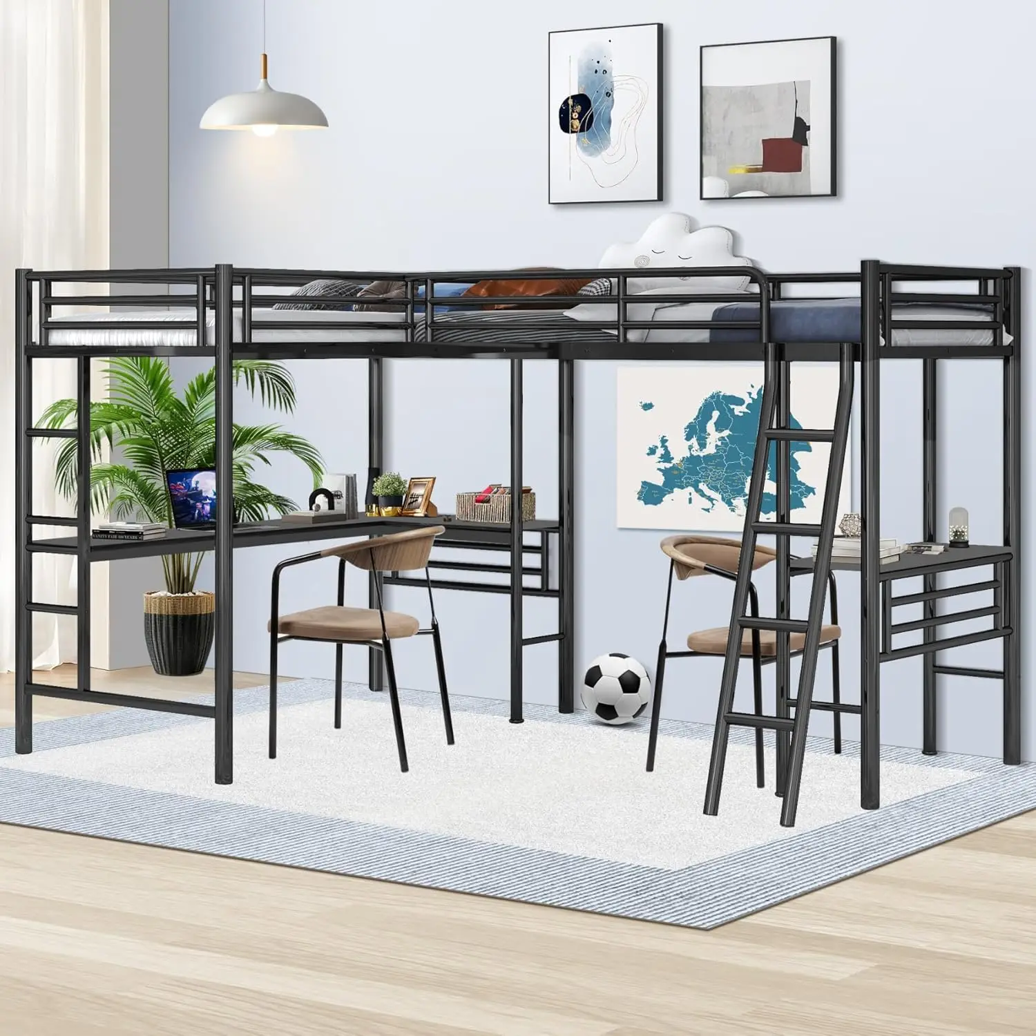 Twin Size Bunk Bed With Desks, L-Shaped Loft Beds With 2 Built-In Wooden Desks, 2 Ladders And Safety Guard Rail, Heavy-Duty