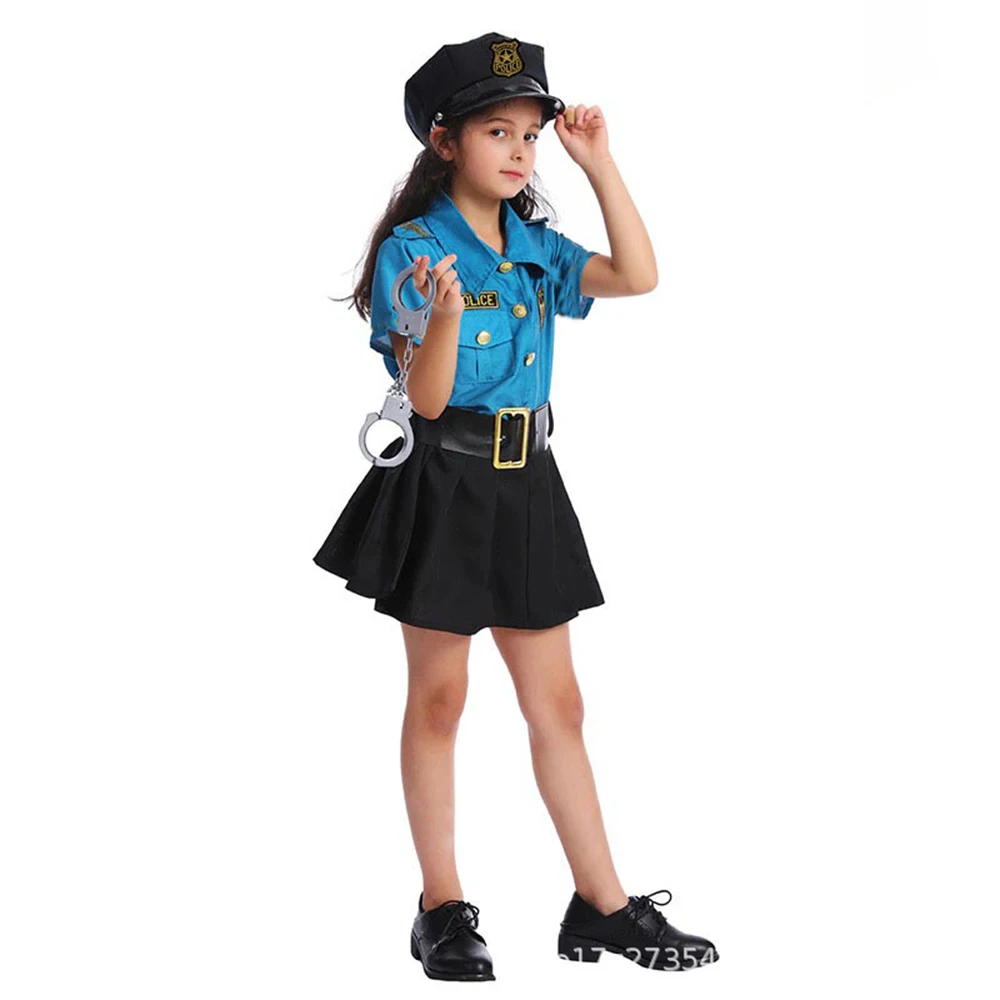 Halloween Purim Children Cosplay Black Blue Cop Officer Outfit Policeman Costume Suit For Boys Girls Fancy Kids Police Uniform