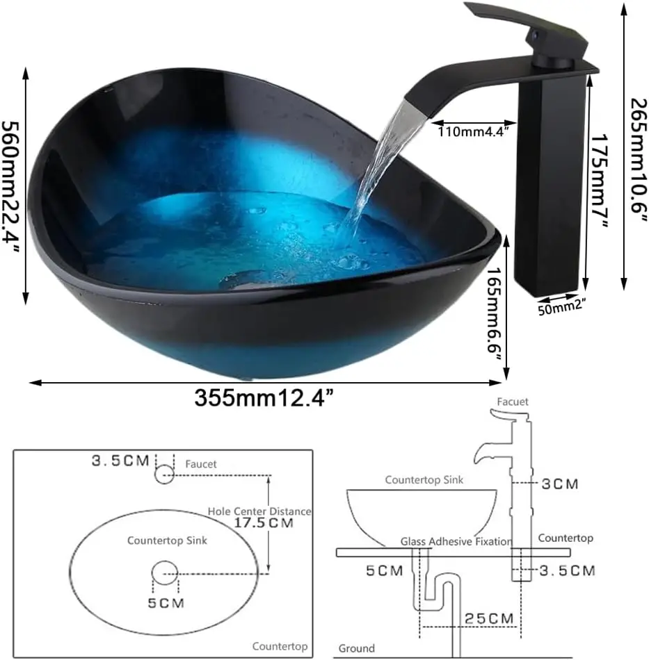 Bathroom Vessel Sink Blue Vessel Sink Oval Glass Vessel Sink W/ Waterfall Faucet & Pop-Up Drain Boat Shape Bathroom Sink Above