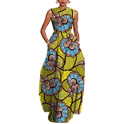 African Ankara Party Dress for Women Sleeveless Floor Length Fit&Flare Clothes Female Maxi Dresses A722509
