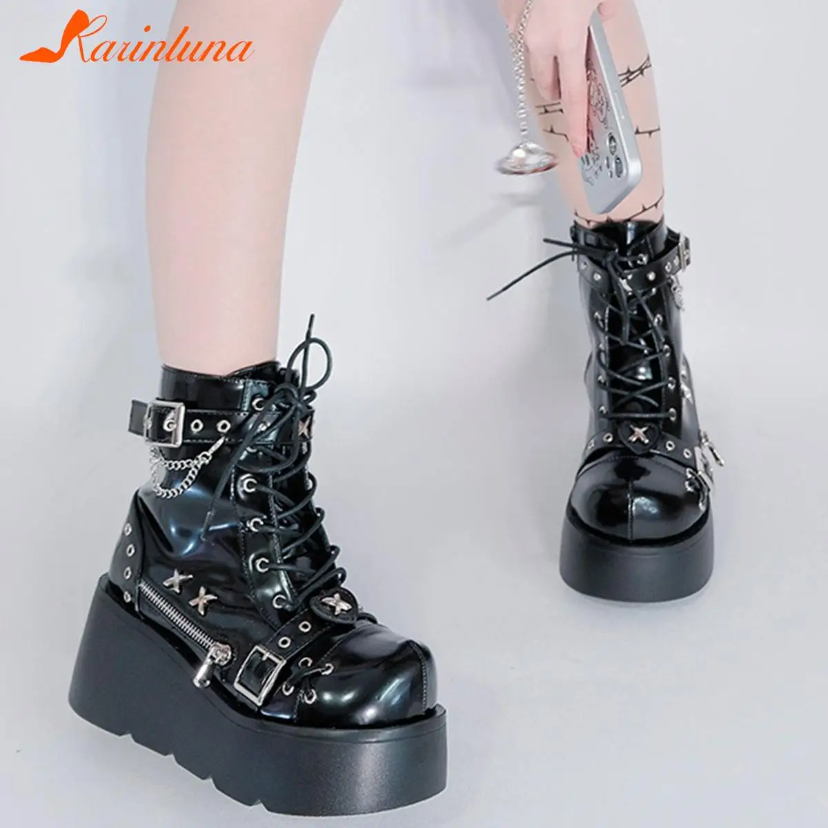 Platform Wedges Ankle Boots For Women Gothic Style Cool Vampire Cosplay Street Women Shoes Motorcycle Boots Comfy Big Size 43