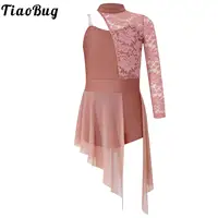 Traje de actuación de danza lírica moderna para niñas, vestido de leotardo de gimnasia de Ballet de patinaje dividido asimétrico de encaje con un hombro