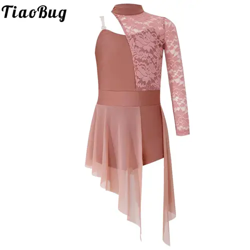 Traje de actuación de danza lírica moderna para niñas, vestido de leotardo de gimnasia de Ballet de patinaje dividido asimétrico de encaje con un hombro