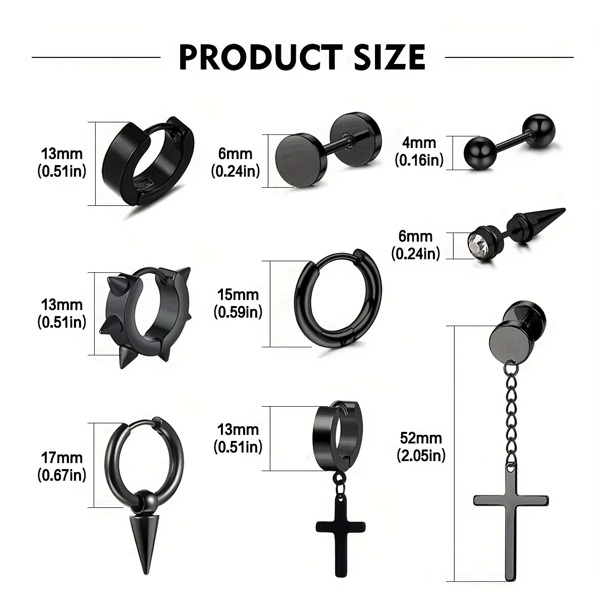 2/30 Uds Punk gótico de acero inoxidable negro Cruz Spike CZ Stud pendientes círculo redondo aros conjunto para hombres mujeres joyería para Piercing en la oreja