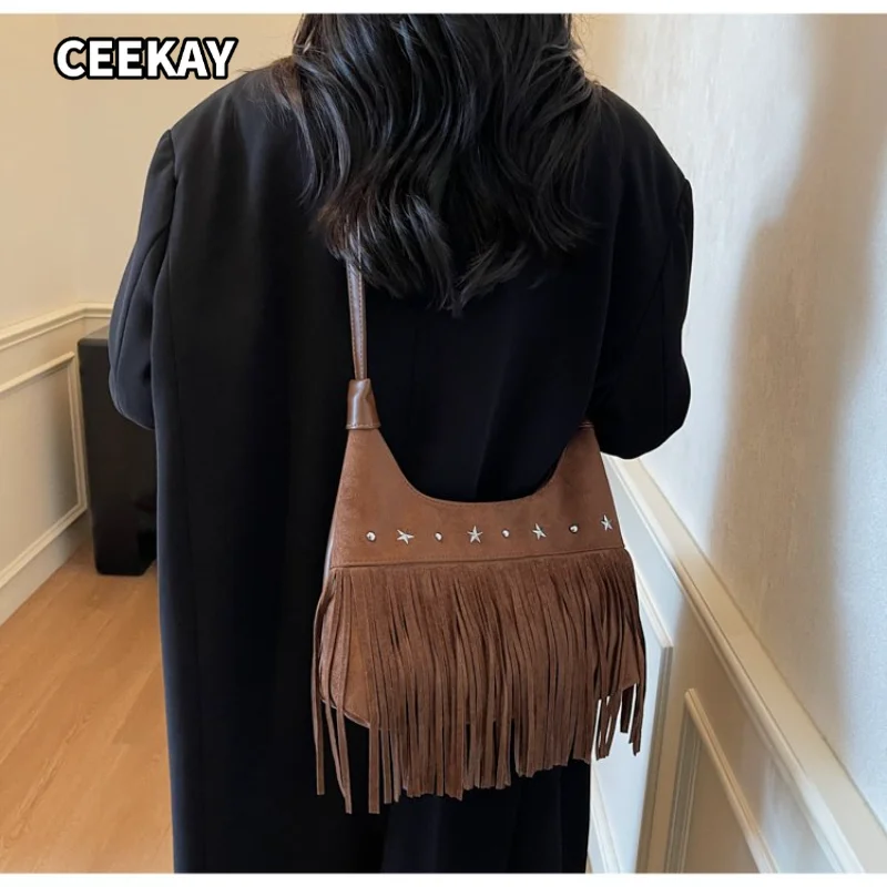 CEEKAY Women's Hobo Bag Brown Suede Texture Large Shoulder Handbag Star Stud Fringe Detail Daily Commute Casual Vintage