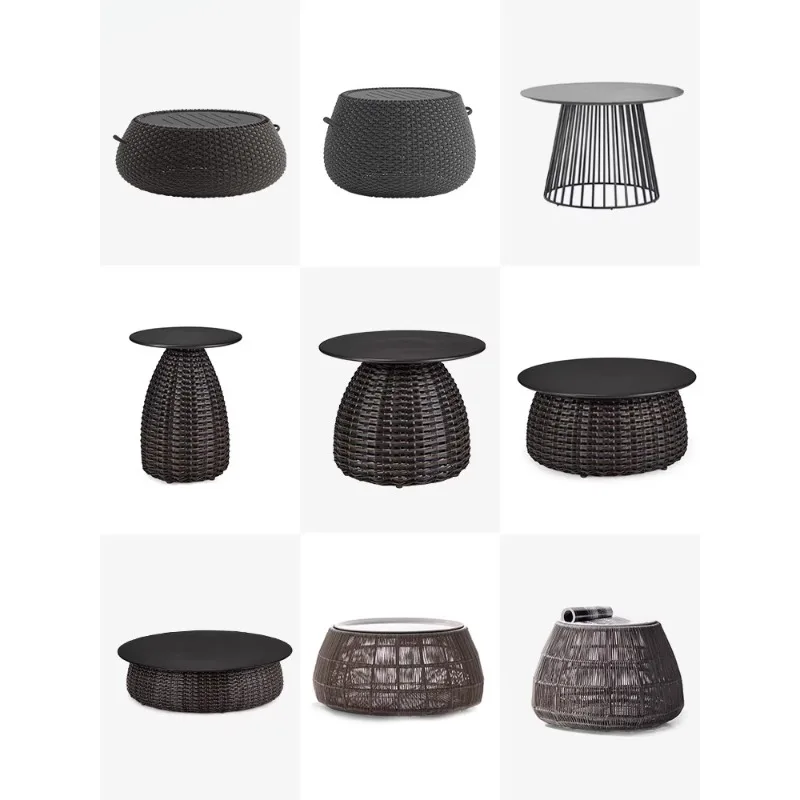 Outdoor furniture round coffee table teak edge table outdoor courtyard sofa rattan small coffee table