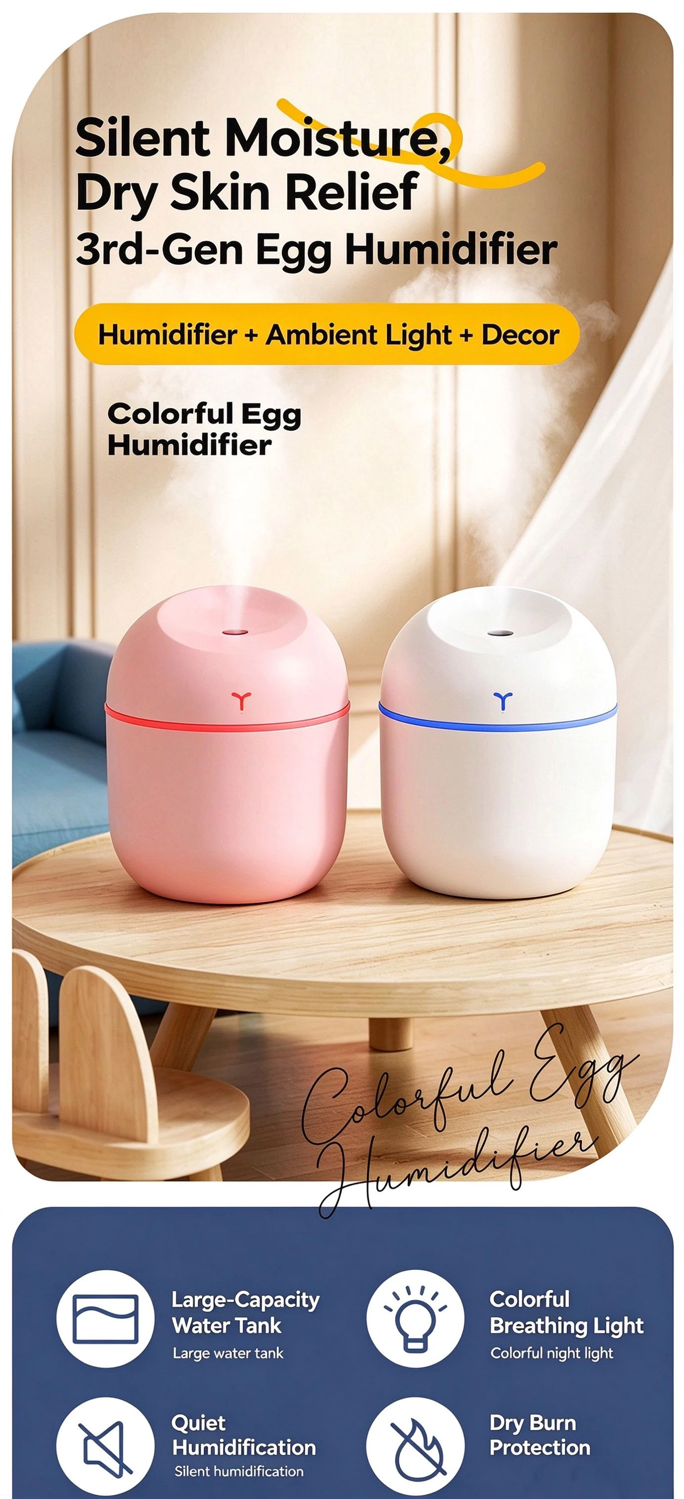 Mini-Luftbefeuchter, tragbarer USB-Luftbefeuchter mit kühlem Nebel und Nachtlicht, 220 ml, ultra-leiser Aroma-Diffusor für Schlafzimmer, Zuhause und Büro. – Detail 1